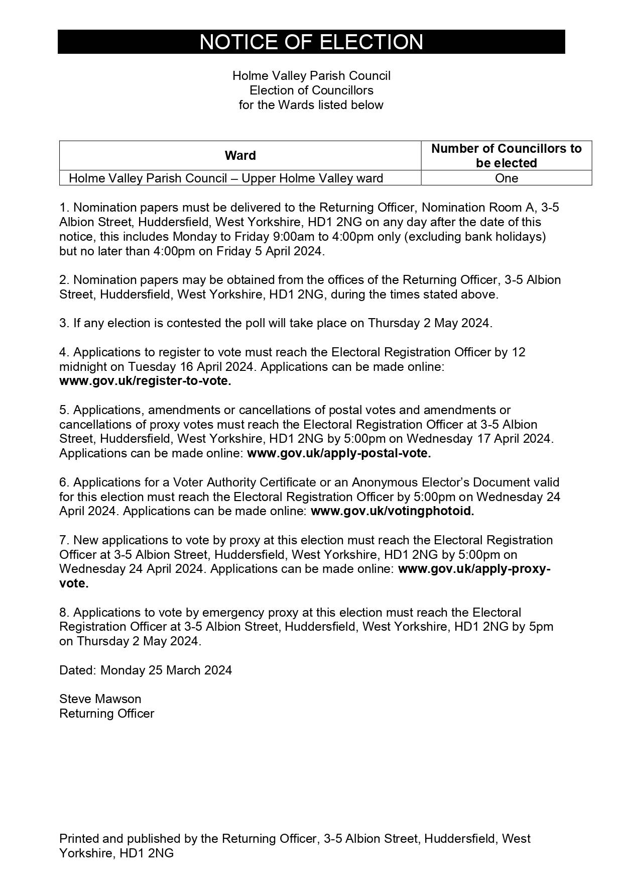 Notice of Election - Upper Holme Valley